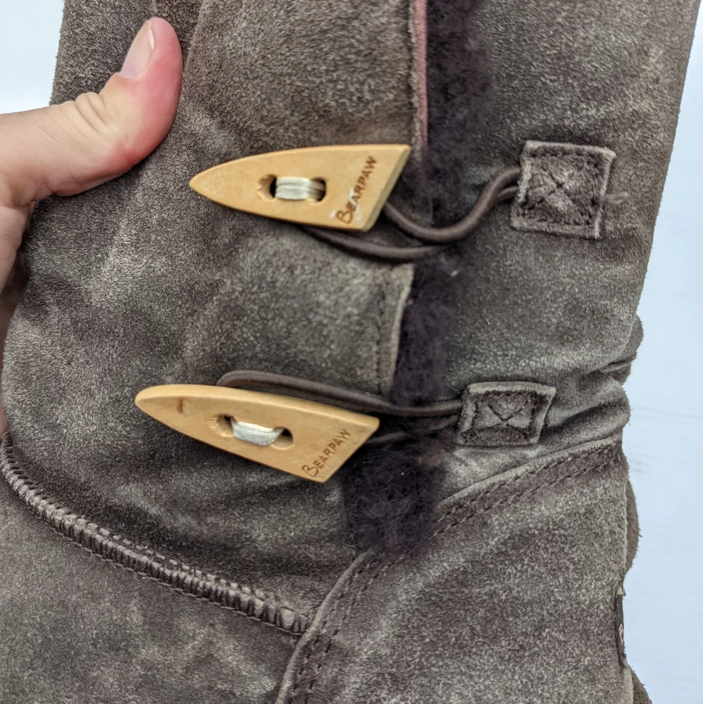 BEARPAW Abigail Brown Suede Leather Sheepskin/Wool Winter Slipper Boots cozy